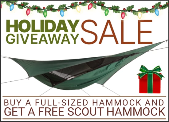 Holiday Giveaway Sale: buy a qualifying hammock and get a free scout hammock. Image of a scout hammock in background.