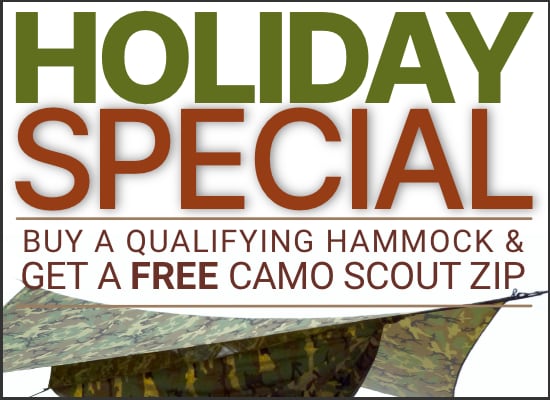 Holiday Special: buy a qualifying hammock and get a free scout hammock. Image of a scout hammock in background.